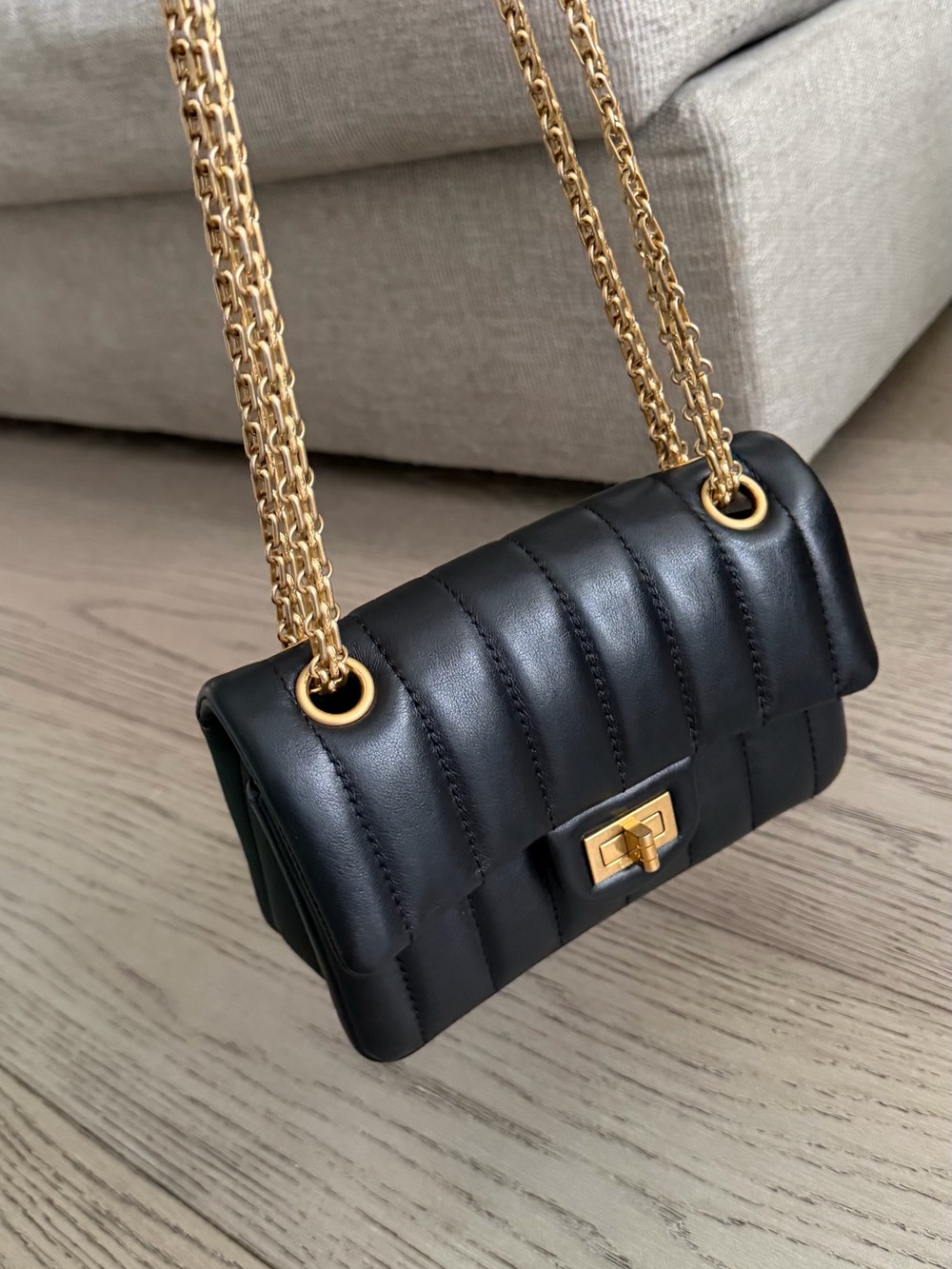 CHANEL 2.55 Mini Black Quilted Shoulder Bag with Gold Chain Hardware